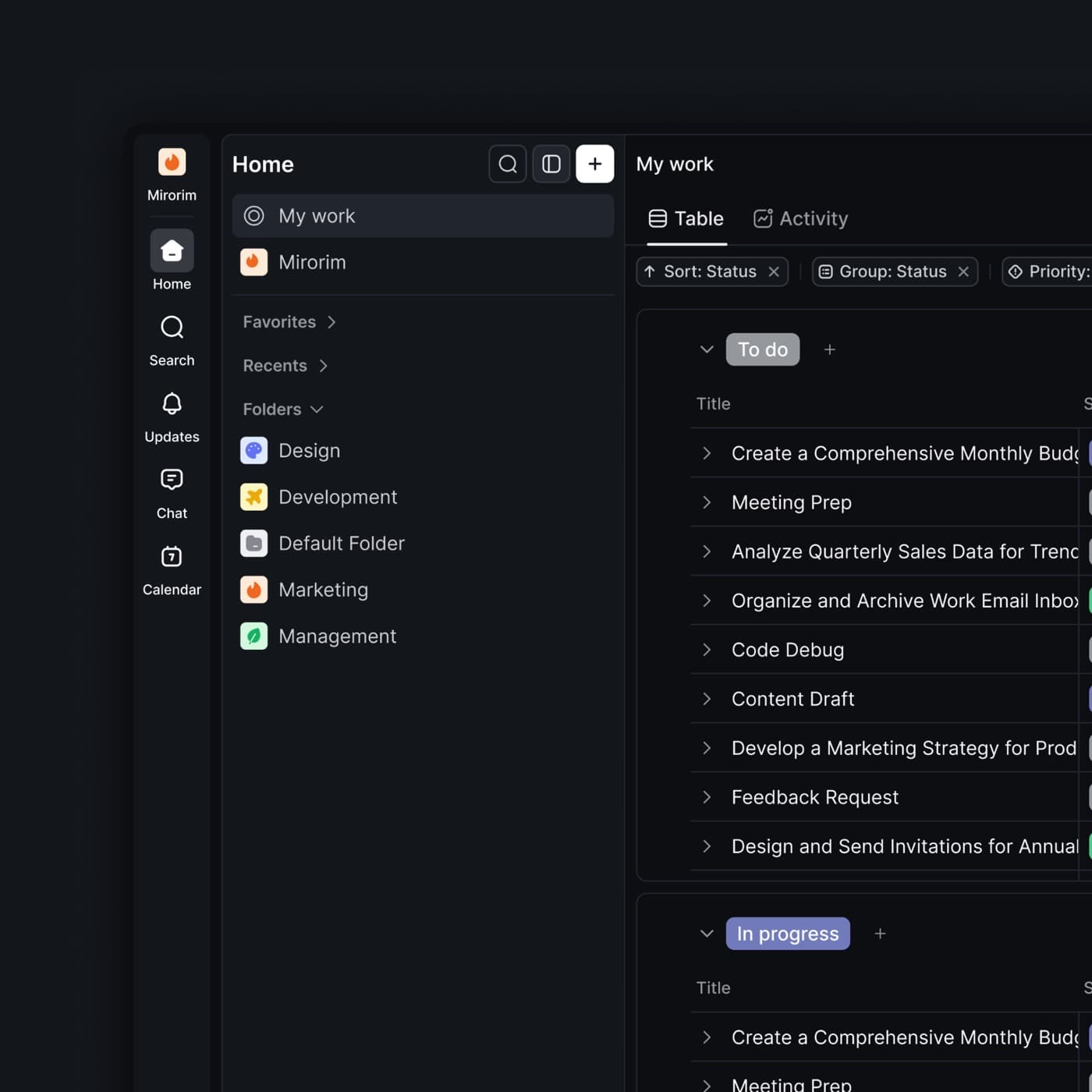 Mirorim: task management product interface.